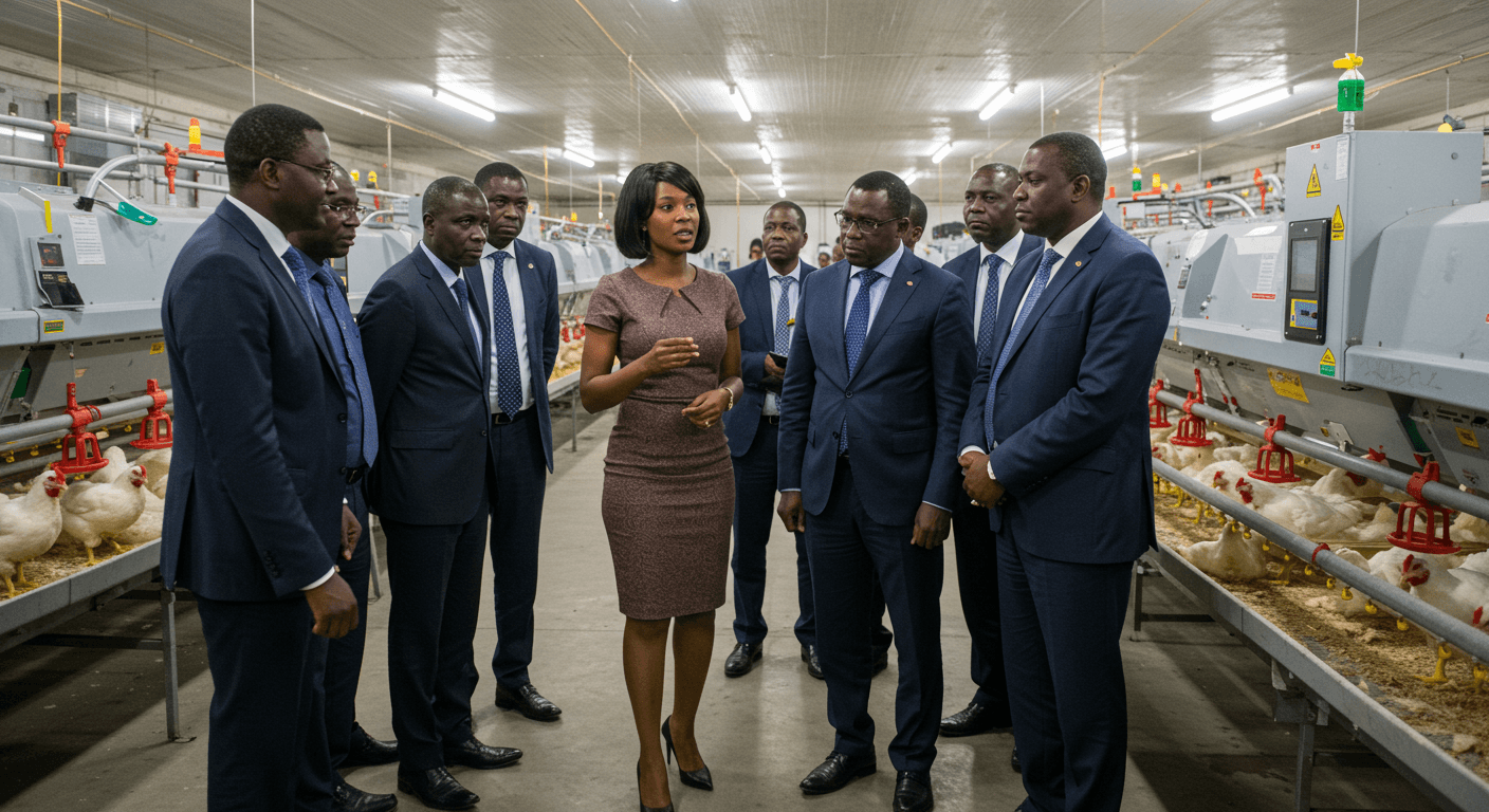 Eine Unternehmerin aus der afrikanischen Diaspora, unterstützt von ihrem spanischen Personal, zeigte einer Delegation togolesischer Geschäftsleute einen hochmodernen Geflügelbetrieb (KI-generiertes Bild).