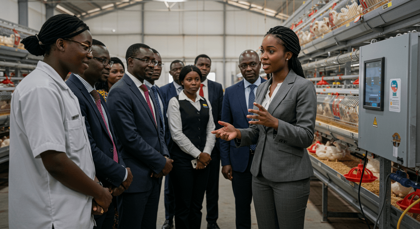 一位非洲侨民女企业家在其西班牙员工的协助下，向多哥的男、女企业家代表团展示了一座高科技养鸡场（AI生成的图像）。