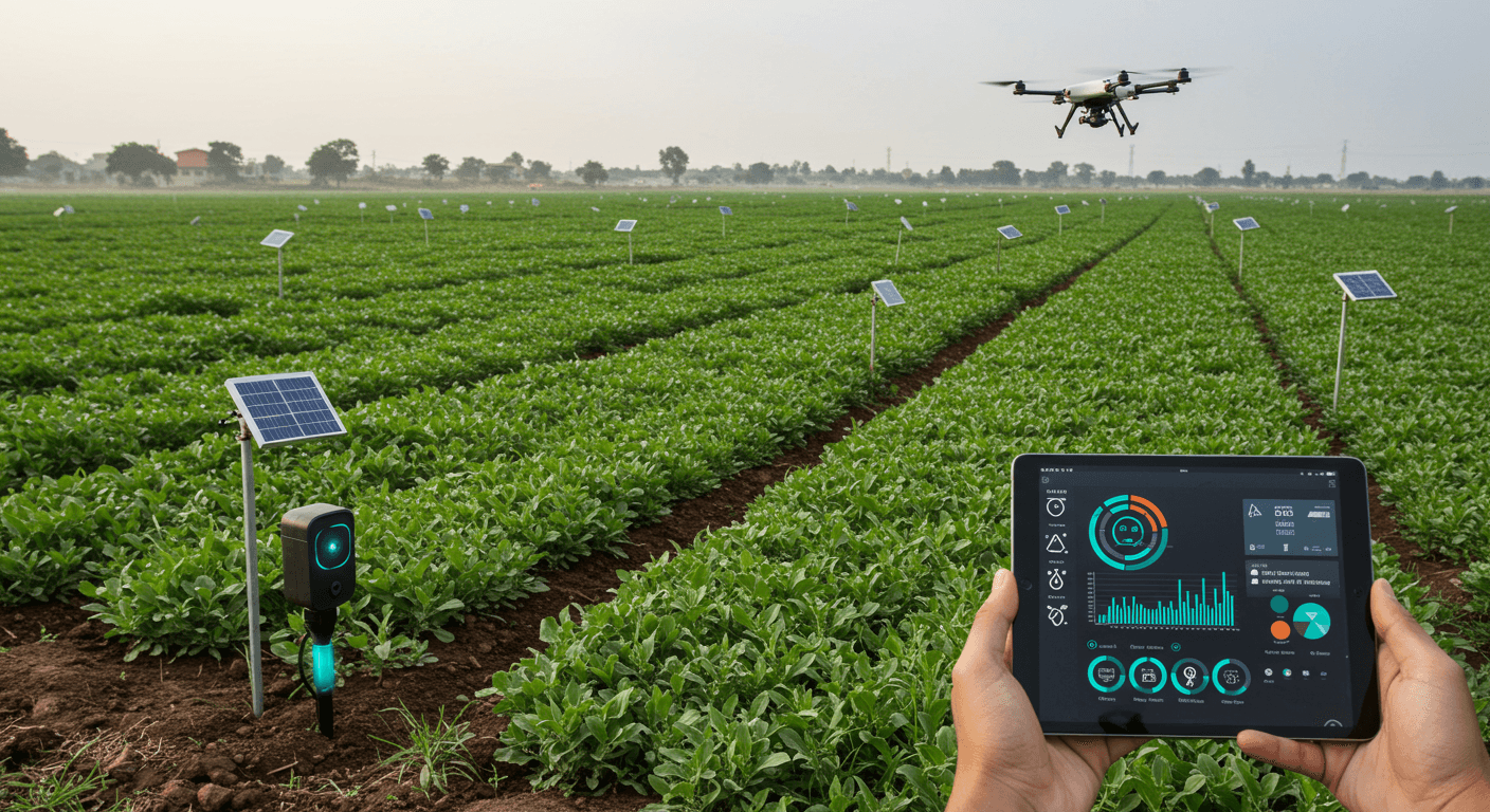 Une ferme culturale moderne présente des champs verts luxuriants baignés de lumière naturelle. Au premier plan, une technologie avancée de surveillance de la santé du sol est visible — un élégant capteur IoT inséré dans le sol et connecté à une tablette ou un smartphone affichant des données du sol en temps réel (humidité, pH, nutriments). (Image générée par IA)