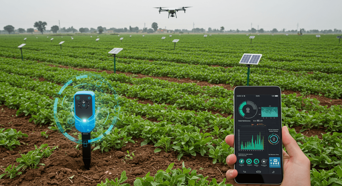 Una explotación agrícola moderna muestra campos verdes y frondosos bajo la luz natural. En primer plano se aprecia tecnología avanzada de monitorización de la salud del suelo: un elegante dispositivo sensor IoT insertado en la tierra y conectado a una tableta o un smartphone que muestra datos del suelo en tiempo real (humedad, pH, nutrientes). (Imagen generada por IA)