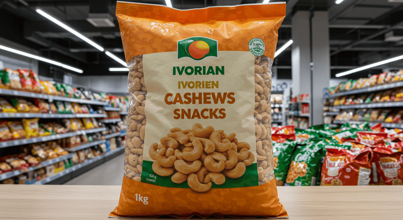 Ivorian cashew snack in a 1 kg bag displayed in a retail store in Germany (AI-generated image)