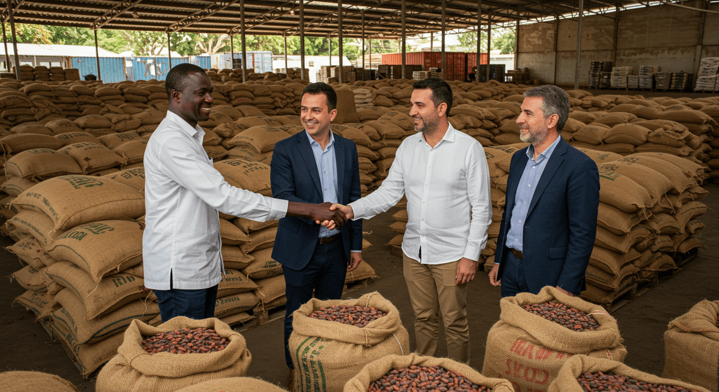Der ivorische Besitzer eines Lagers voller Säcke mit Kakaobohnen empfing spanische Agrarindustrie-Führungskräfte zu einem Besuch (KI-generiertes Bild).