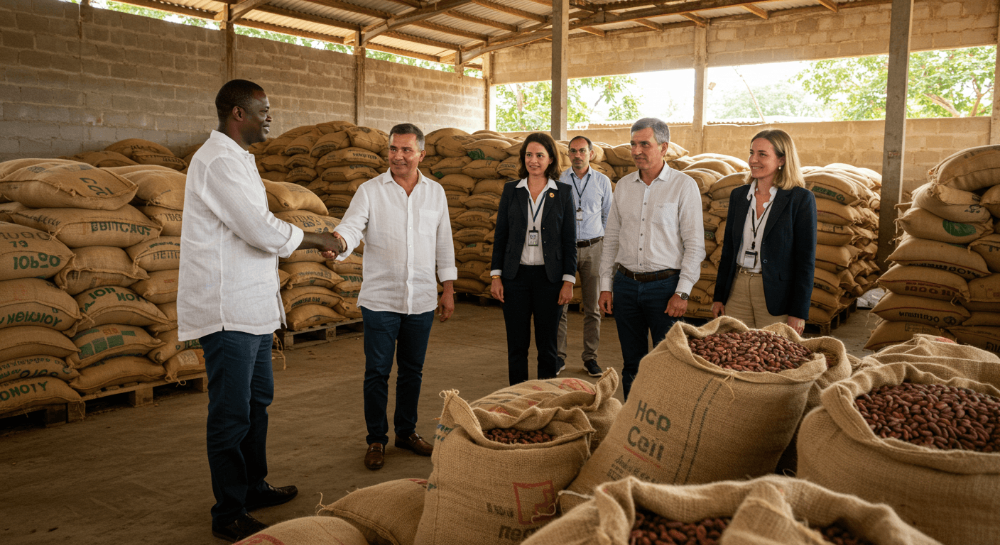 象牙海岸的一位可可豆仓库的所有者接待了西班牙农业企业领袖参观（AI生成的图像）。