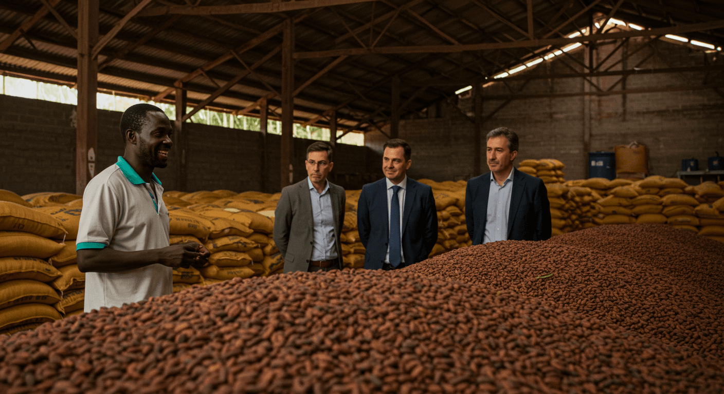 Il proprietario ivoriano di un magazzino pieno di sacchi di fave di cacao ha accolto per una visita i dirigenti dell’agroindustria spagnola (immagine generata dall’IA).
