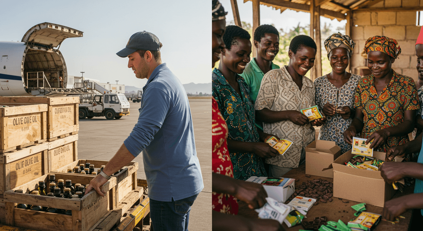 Style écran partagé : à gauche, un exportateur espagnol d’huile d’olive charge des caisses dans un avion cargo ; à droite, une coopérative ghanéenne de cacao emballe des tablettes de chocolat en coffrets cadeaux. (Image générée par IA)