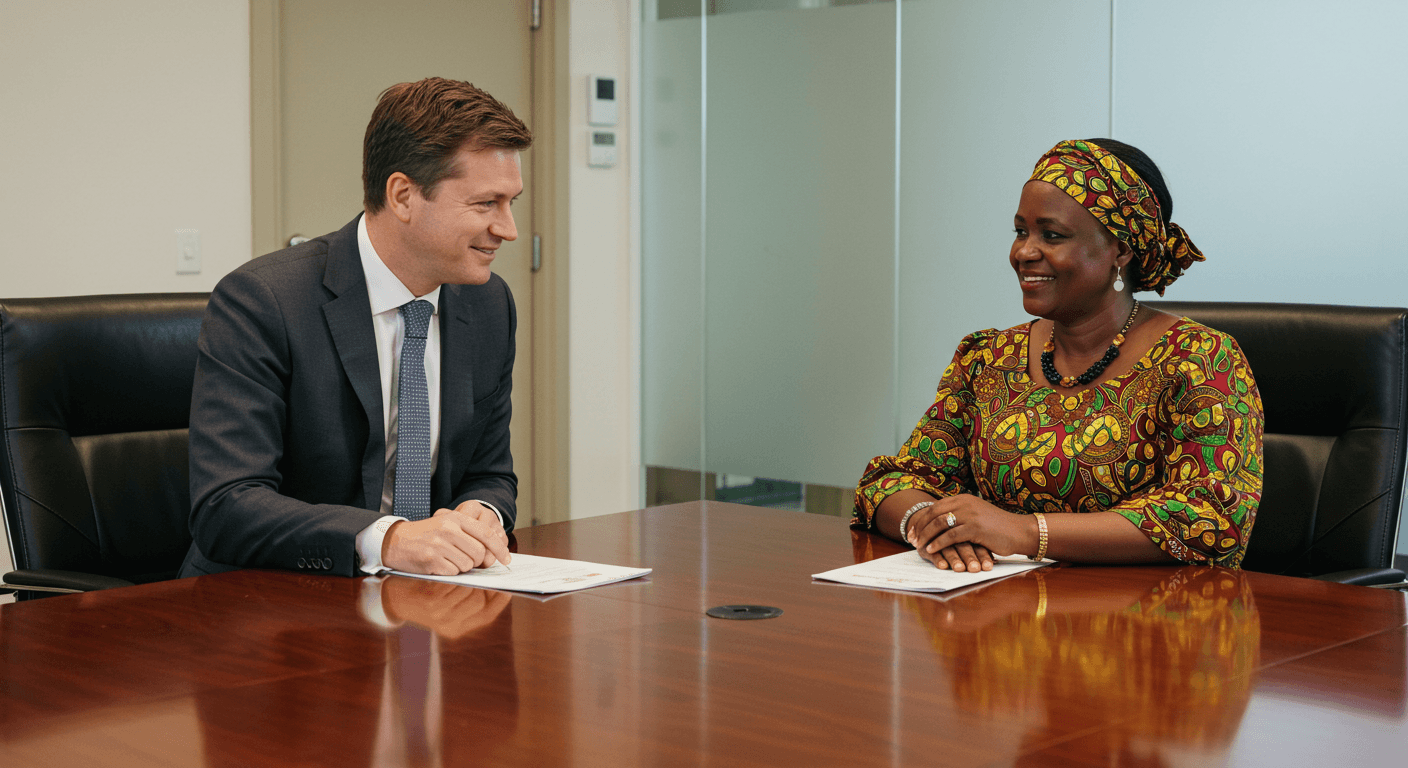 Director ejecutivo europeo y líder de una cooperativa agrícola de África Occidental en una reunión amistosa cara a cara (imagen generada por IA)