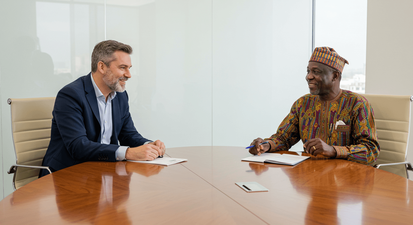 PDG européen et responsable de coopérative agricole ouest-africaine lors d'une réunion amicale en tête-à-tête (image générée par IA)