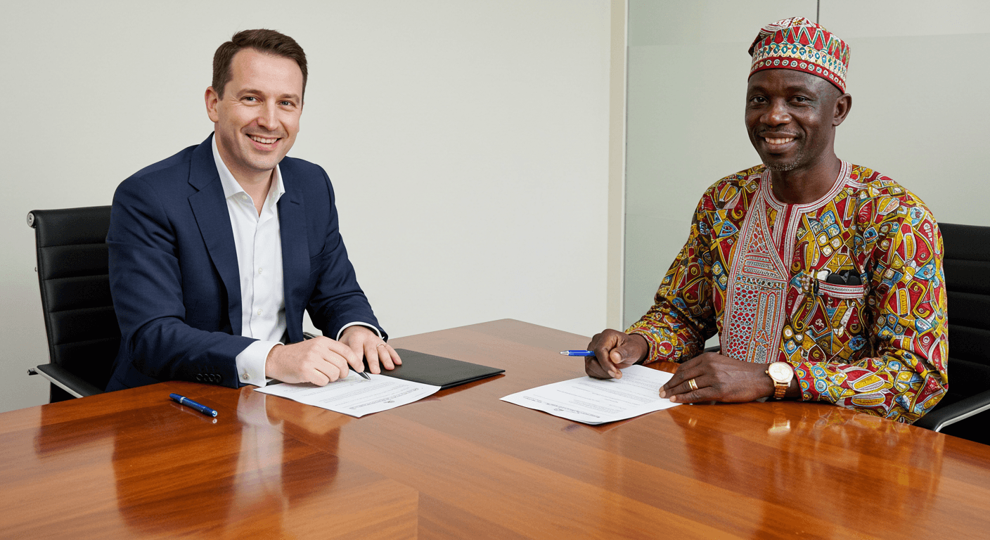 CEO europeu e líder de cooperativa agrícola da África Ocidental em uma reunião amigável individual (imagem gerada por IA)