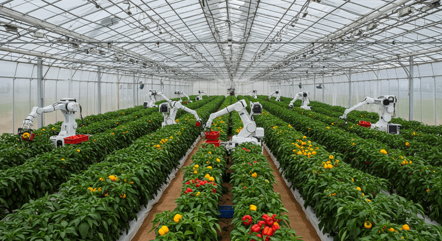 A group of robots is harvesting peppers in a hydroponic greenhouse in Ivory Coast (AI-generated image).