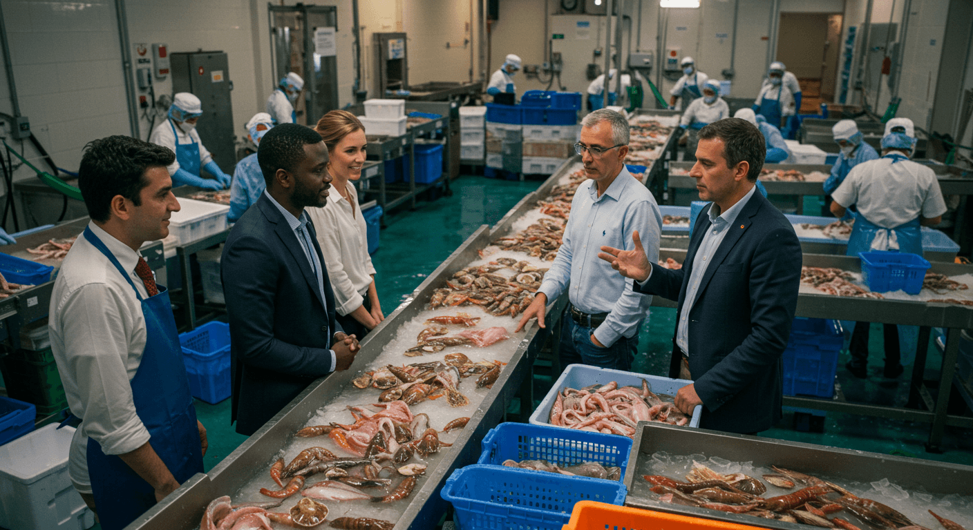 استقبل مالك مصنع معالجة المأكولات البحرية في ساحل العاج قادة قطاع الأعمال الزراعية الإسبانية في زيارة (صورة مُولَّدة بالذكاء الاصطناعي).