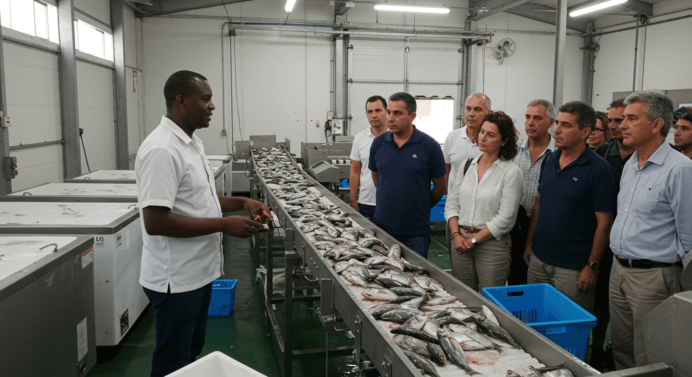 Il proprietario ivoriano di un impianto di lavorazione di prodotti ittici ha accolto per una visita i dirigenti dell’agroindustria spagnola (immagine generata dall’IA).
