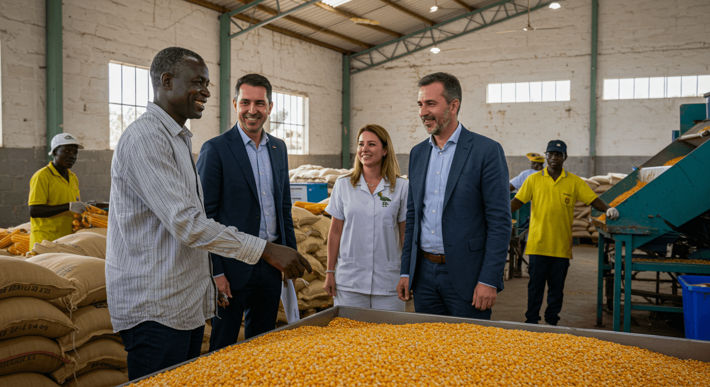 O proprietário senegalês de um armazém repleto de sacos de milho recebeu líderes do agronegócio espanhol para uma visita (imagem gerada por IA).