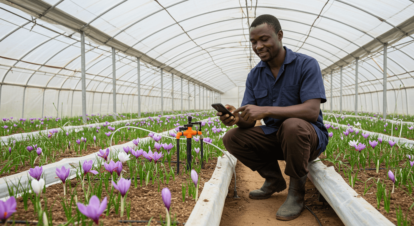 A male Nigerian farmer is using a mobile app to water saffron plants in a greenhouse (AI-generated image).