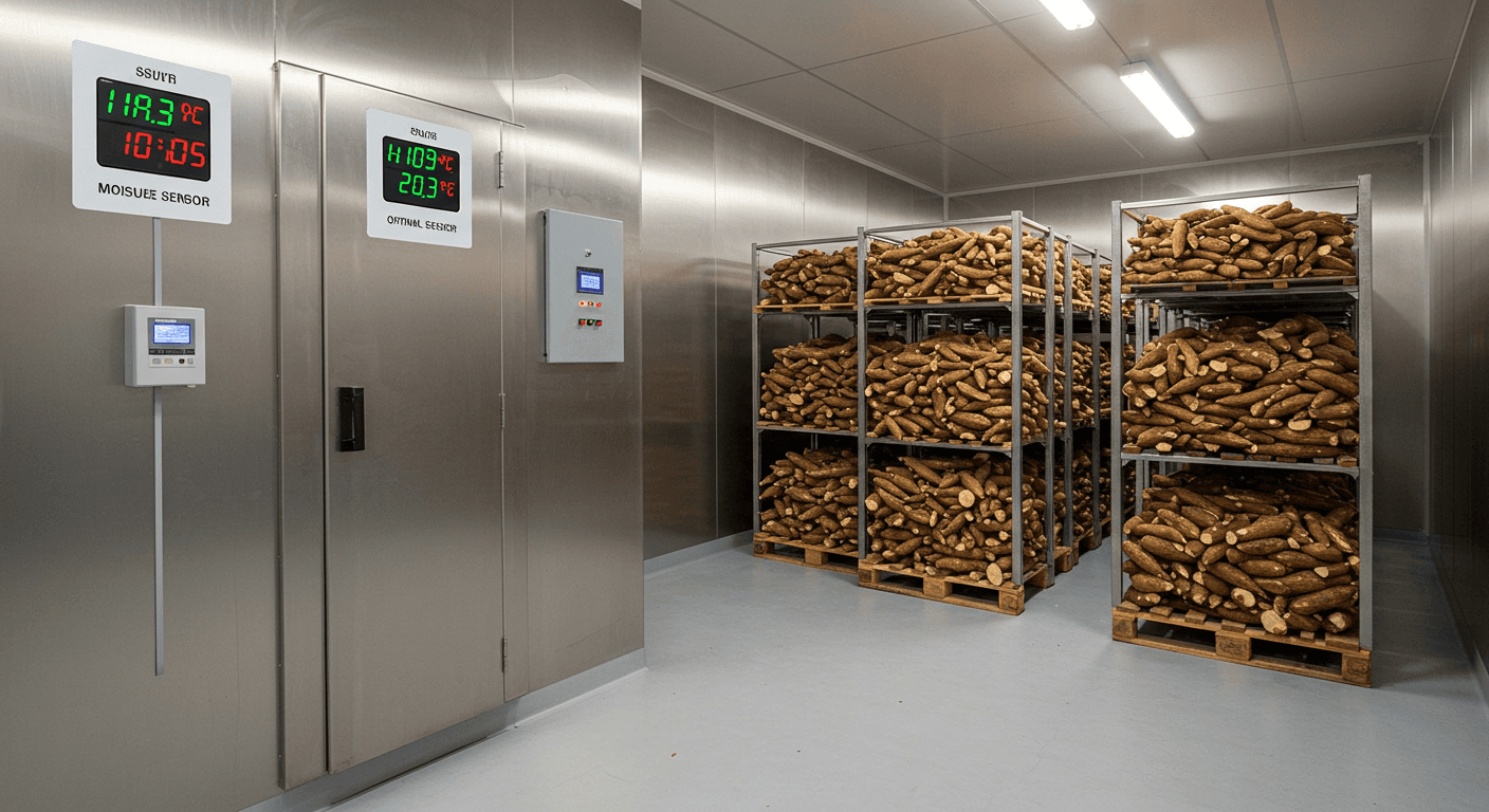 A refrigerated cold-storage room with a moisture sensor and a temperature sensor for fresh cassava roots (AI-generated image).