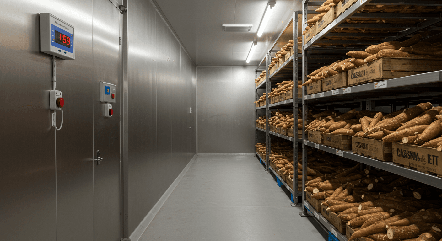 Una cámara frigorífica refrigerada con un sensor de humedad y un sensor de temperatura para raíces de yuca frescas (imagen generada por IA).