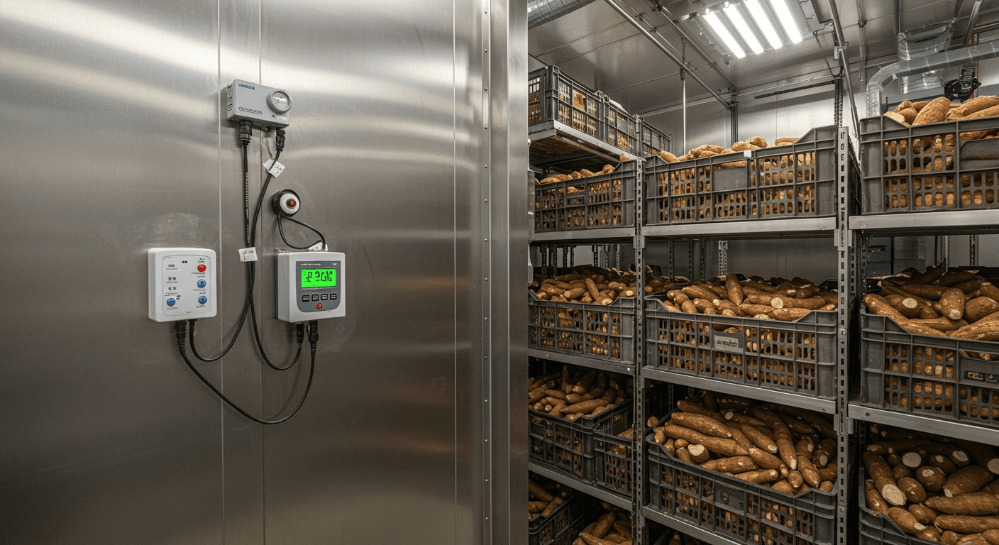 带有湿度传感器和温度传感器的冷藏库，用于新鲜木薯根（AI 生成的图像）。