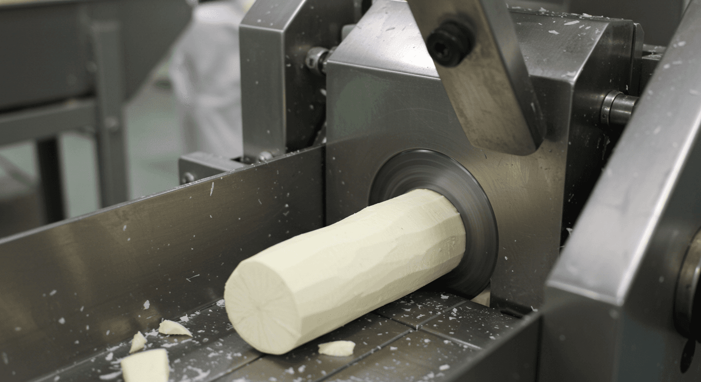 मशीन द्वारा छिले हुए कैसावा की कटाई (AI-जनित छवि)।