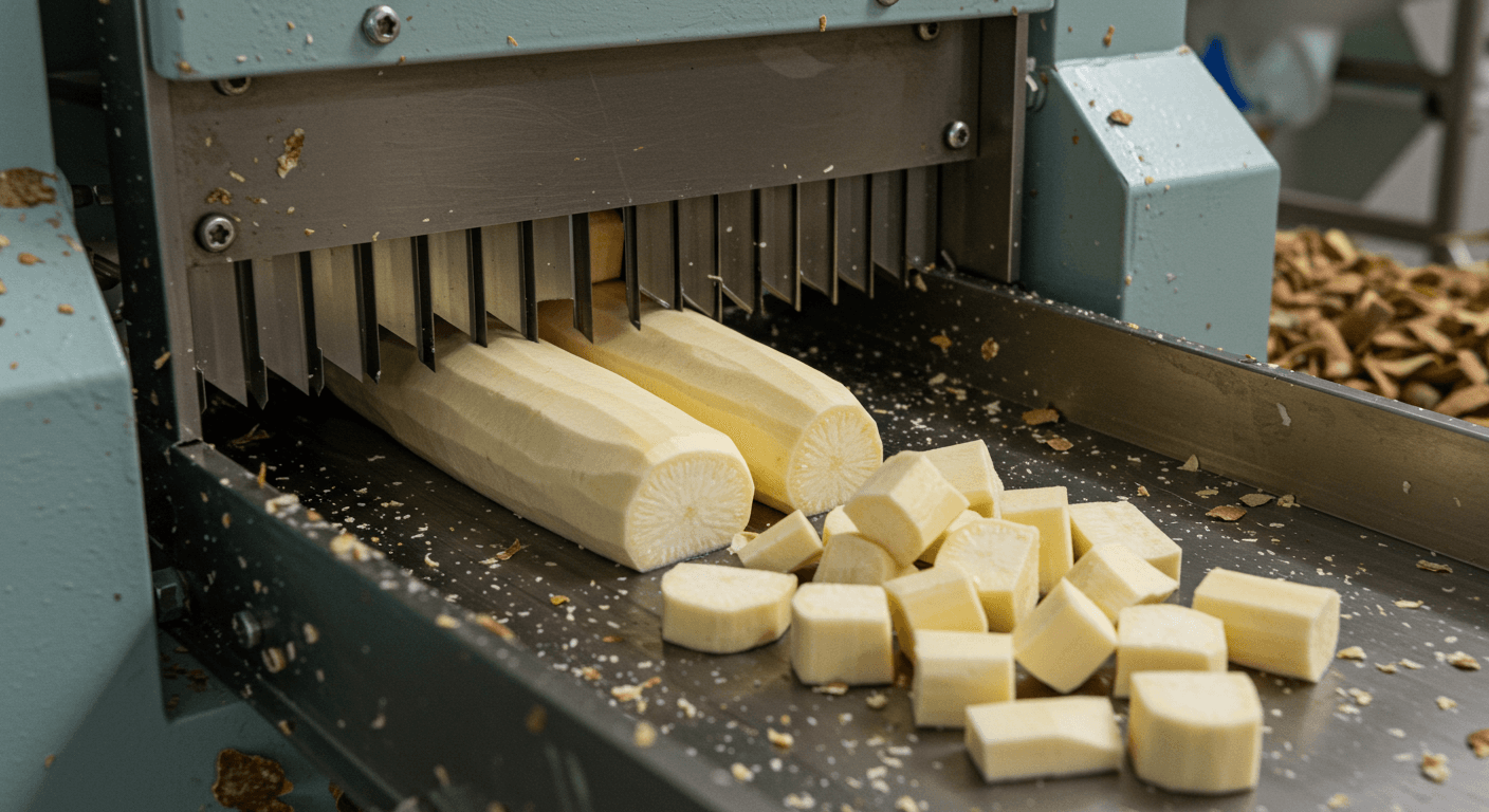 Pemotongan singkong yang dikupas dengan mesin (gambar yang dihasilkan oleh AI).