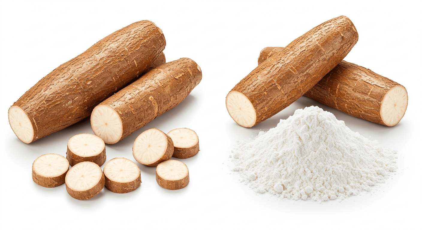 Củ sắn và tinh bột sắn đặt cạnh nhau (hình ảnh do AI tạo).