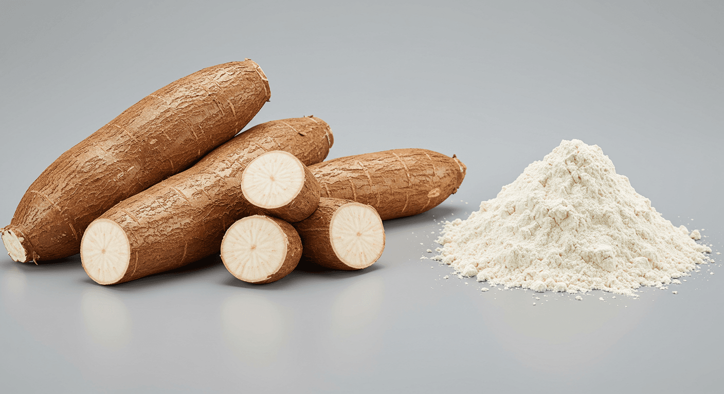 कैसावा की जड़ें और कैसावा स्टार्च एक साथ (AI-जनित छवि)।