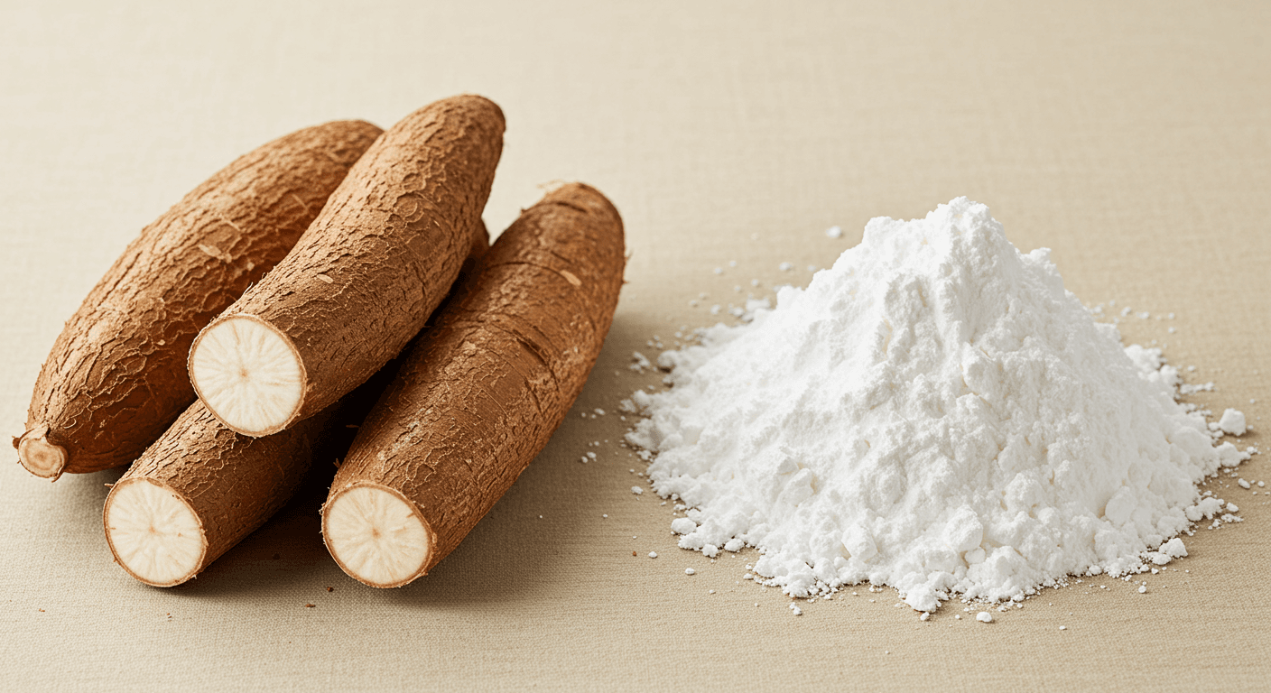 Akar singkong dan pati singkong berdampingan (gambar yang dihasilkan oleh AI).