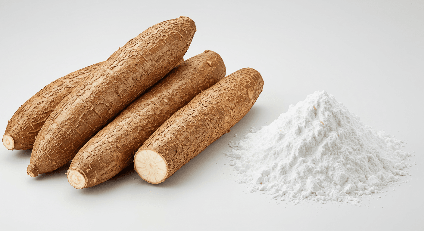 Manyok kökleri ve manyok nişastası yan yana (Yapay zeka tarafından oluşturulmuş görüntü).