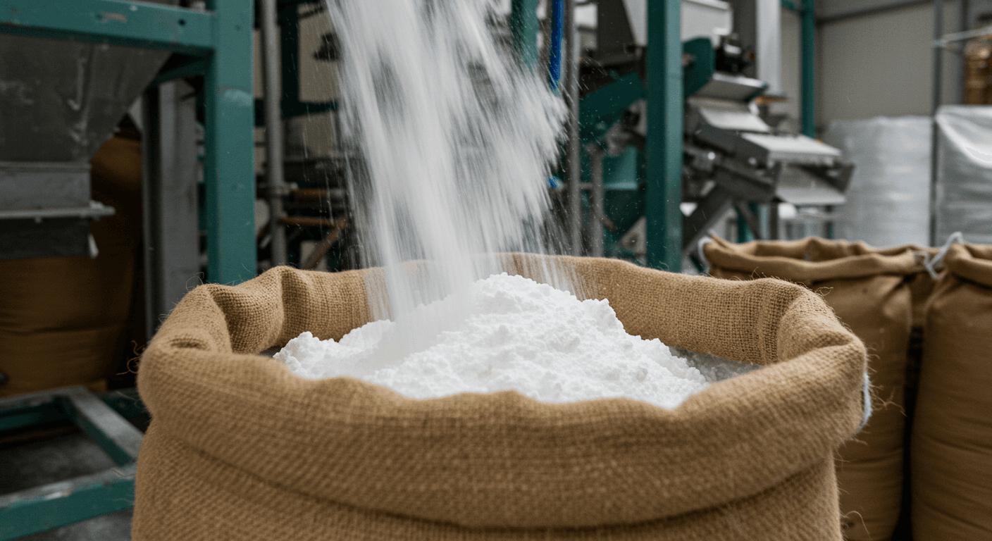 Manyok nişastası 50 kg'lık bir çuvala düşüyor (Yapay zeka tarafından oluşturulmuş görüntü).