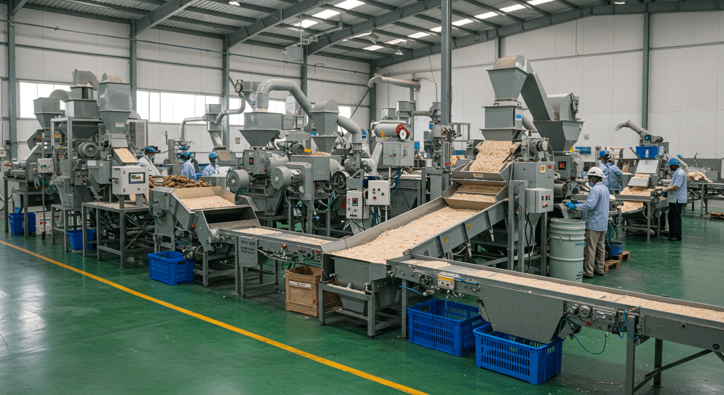 कैसावा स्टार्च उत्पादन लाइन (AI-जनित छवि)。