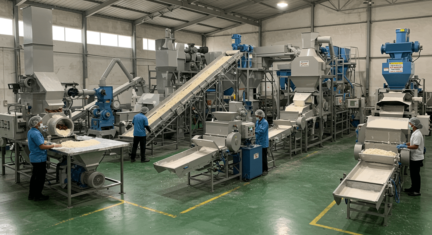 Bir manyok nişastası üretim hattı (Yapay zeka tarafından oluşturulmuş görüntü).