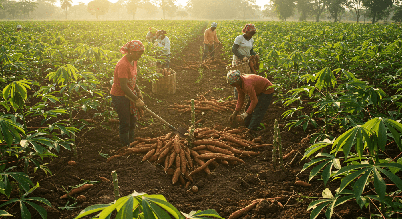 Thu hoạch củ sắn tươi (hình ảnh do AI tạo).