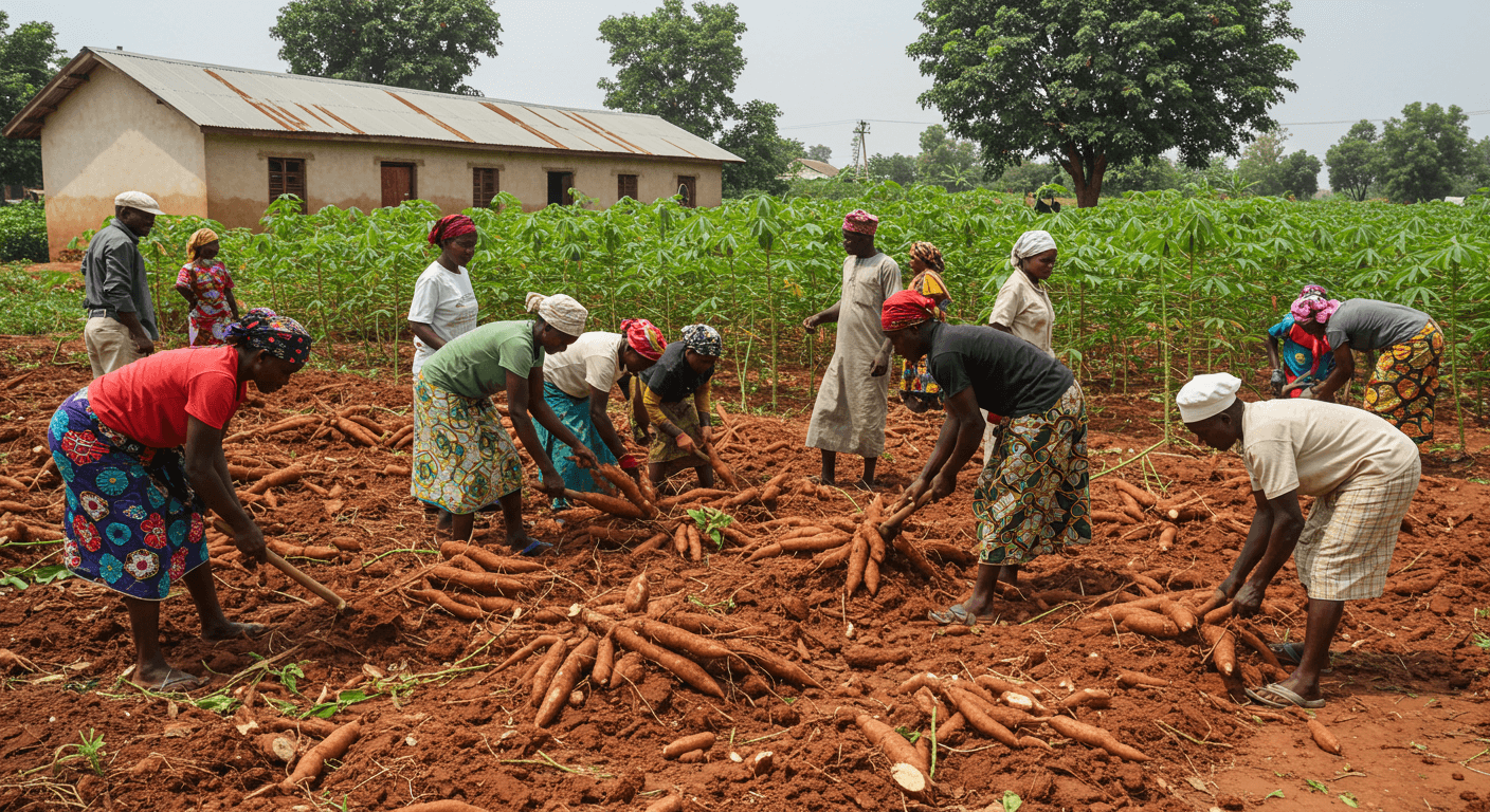 ताज़ी कैसावा जड़ों की कटाई (AI-जनित छवि)。