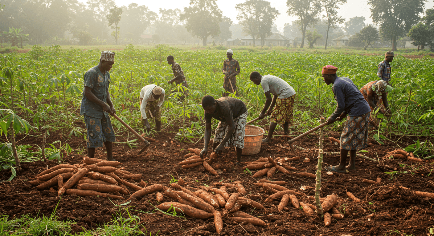 Taze manyok köklerinin hasadı (Yapay zeka tarafından oluşturulmuş görüntü).