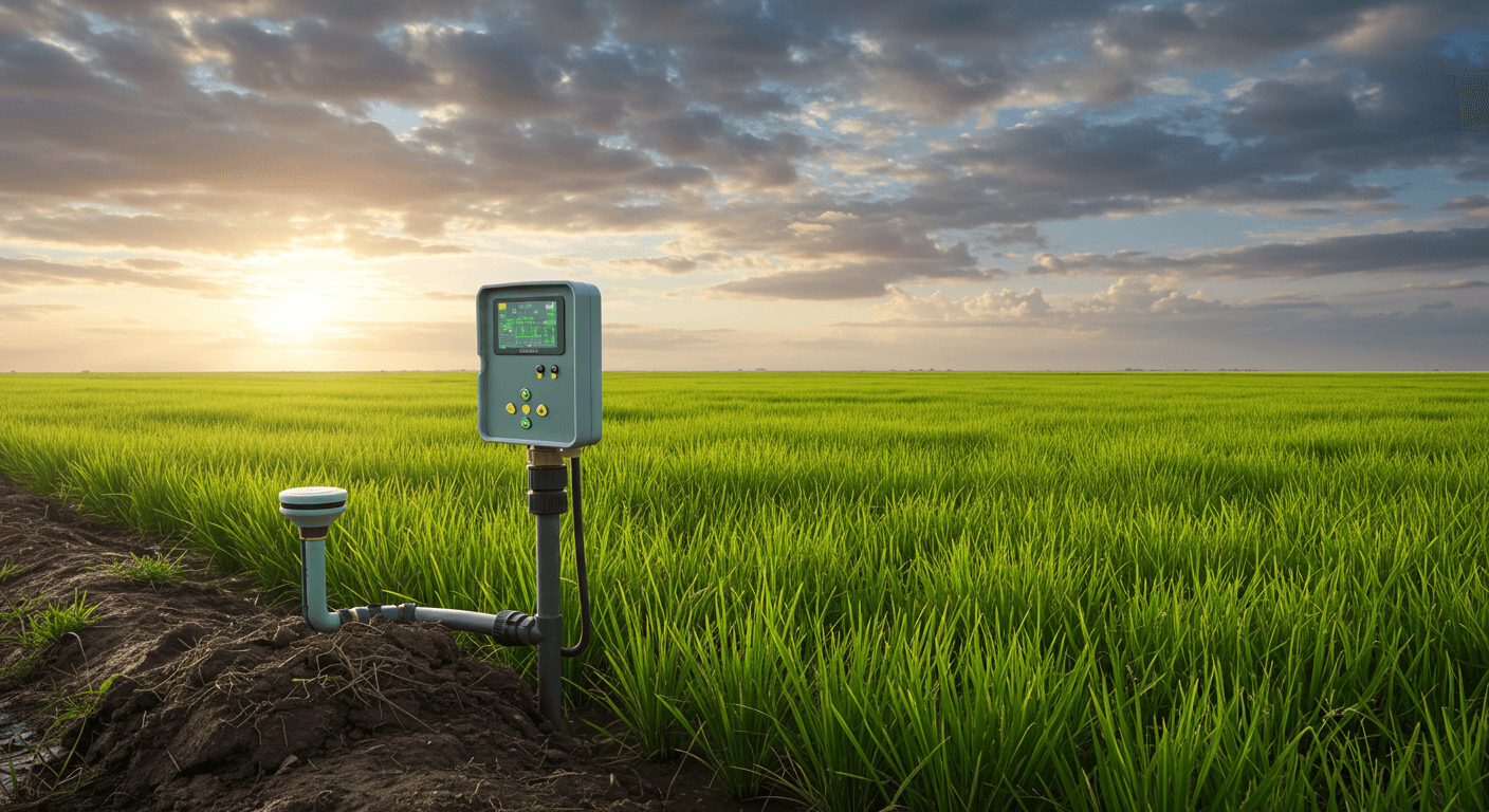 在塞内加尔的一片稻田中，一个土壤含水量传感器放置在智能可变流量灌溉控制器旁（AI 生成的图像）。