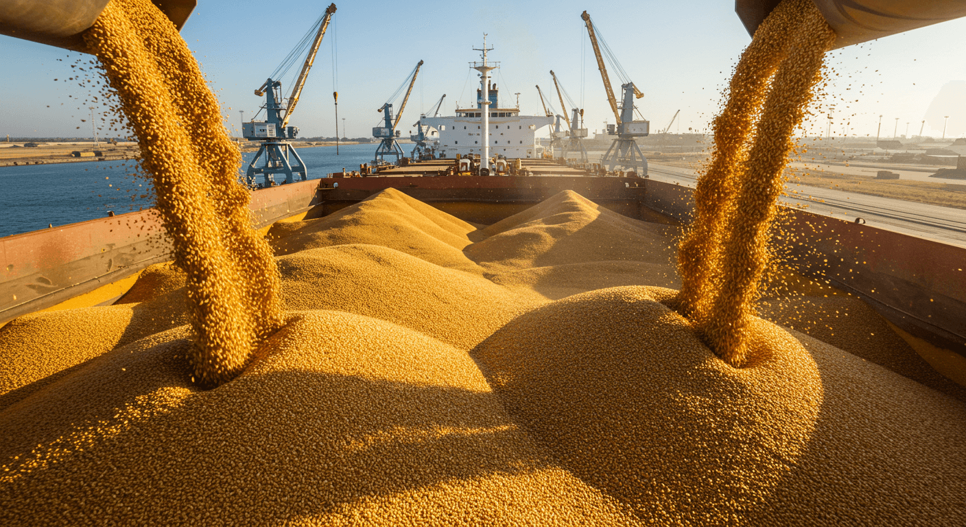 Maize grains loaded into a bulk vessel in Argentina (AI-generated image)