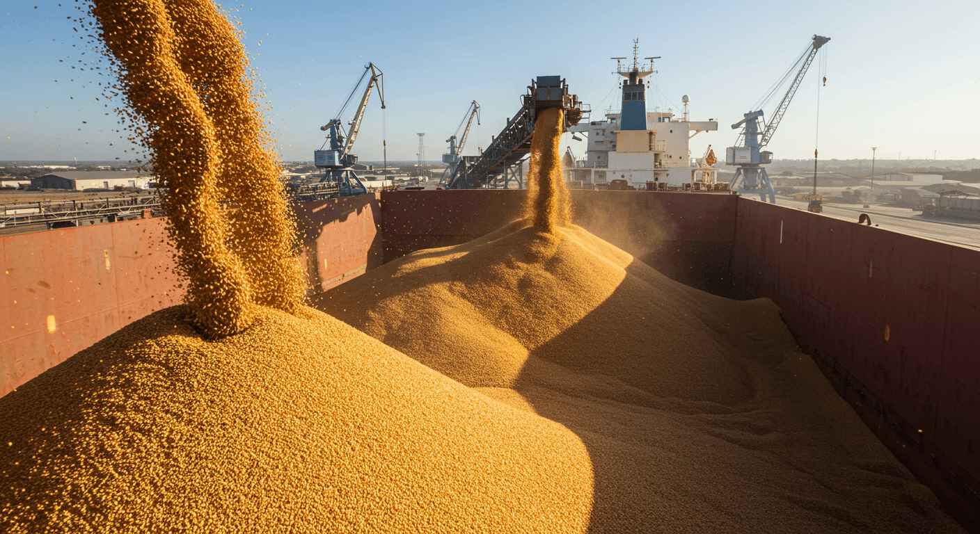 Des grains de maïs chargés dans un navire vraquier en Argentine (image générée par IA)