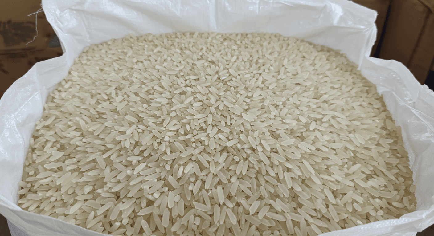 Parboiled white rice, 5% broken, in a 50 kg bag (AI-generated image).