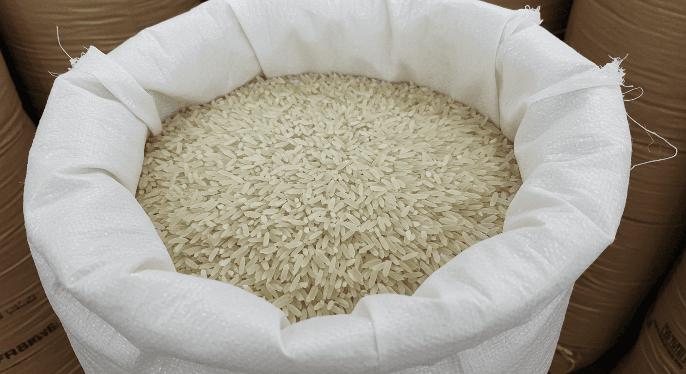 Riz blanc précuit (parboiled), 5 % cassé, en sac de 50 kg (image générée par IA).