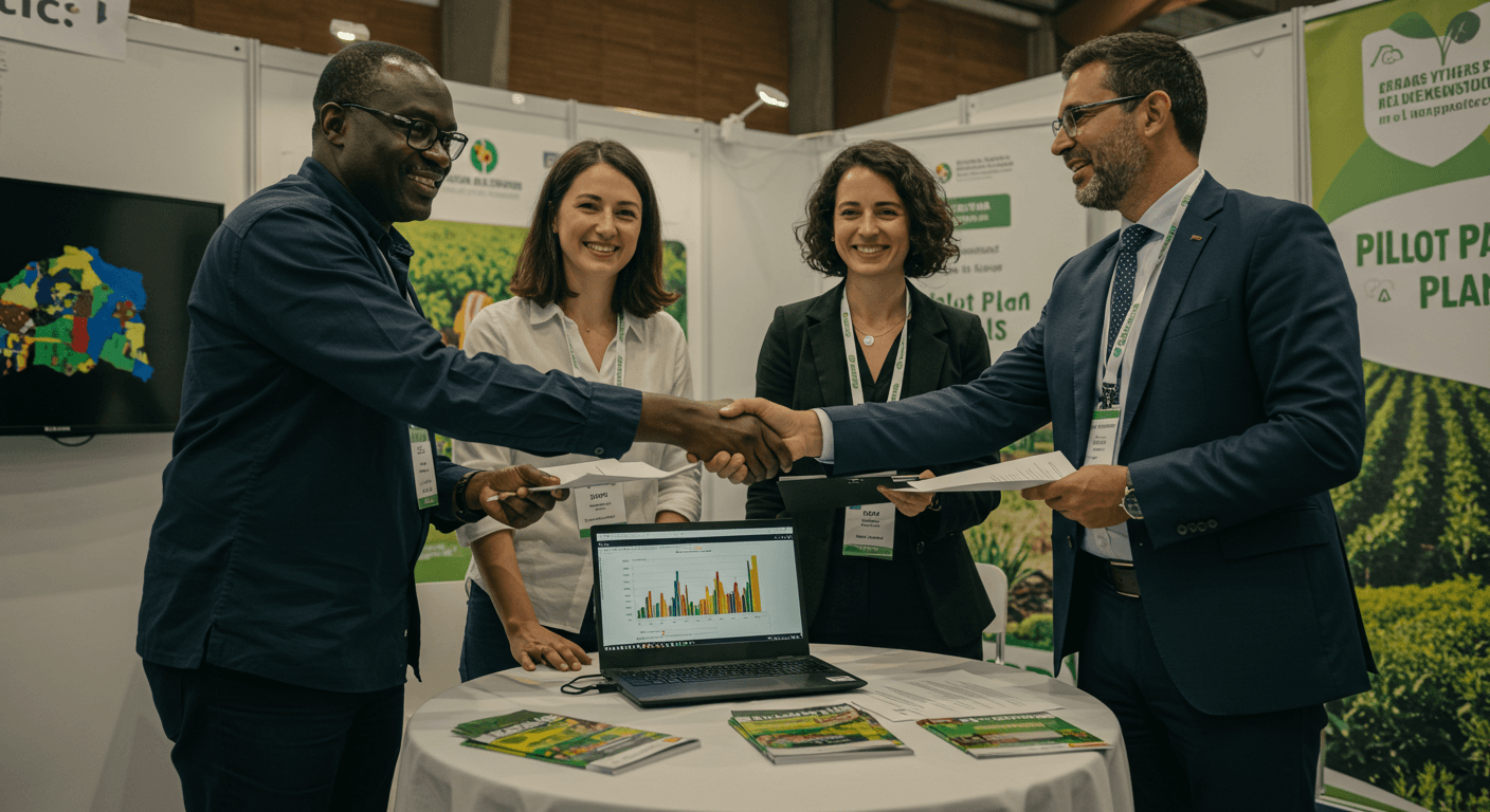 An African cooperative leader and a European agri-tech CEO shake hands. (AI-generated image.)