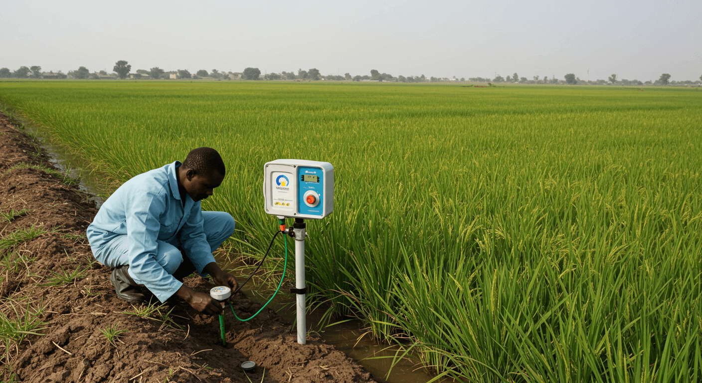 A technician installs a soil-moisture sensor next to a smart, variable-rate irrigation controller in a rice field in Senegal. (AI-generated image.)