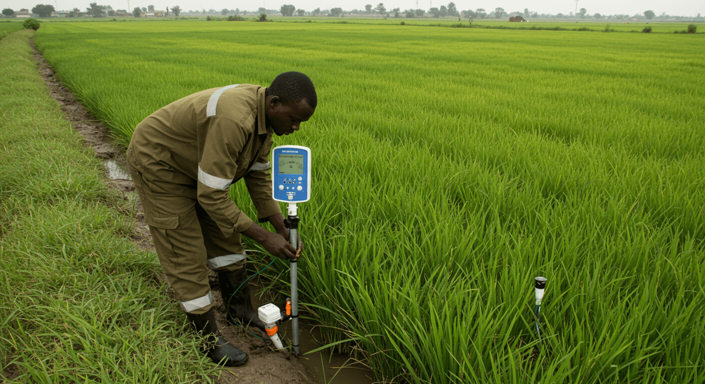 A technician installs a soil-moisture sensor next to a smart, variable-rate irrigation controller in a rice field in Senegal. (AI-generated image.)