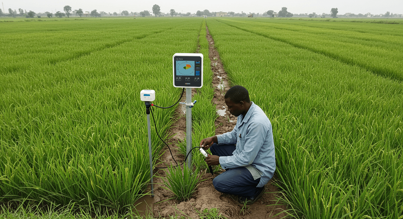 Un técnico instala un sensor de humedad del suelo junto a un controlador de riego inteligente de caudal variable en un campo de arroz en Senegal. (Imagen generada por IA.)
