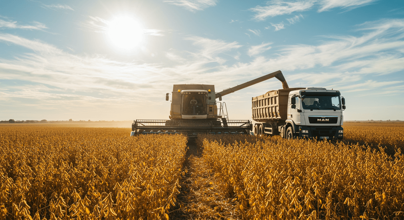 Une moissonneuse-batteuse déchargeant du soja dans un camion dans un champ de soja en Argentine (image générée par IA)