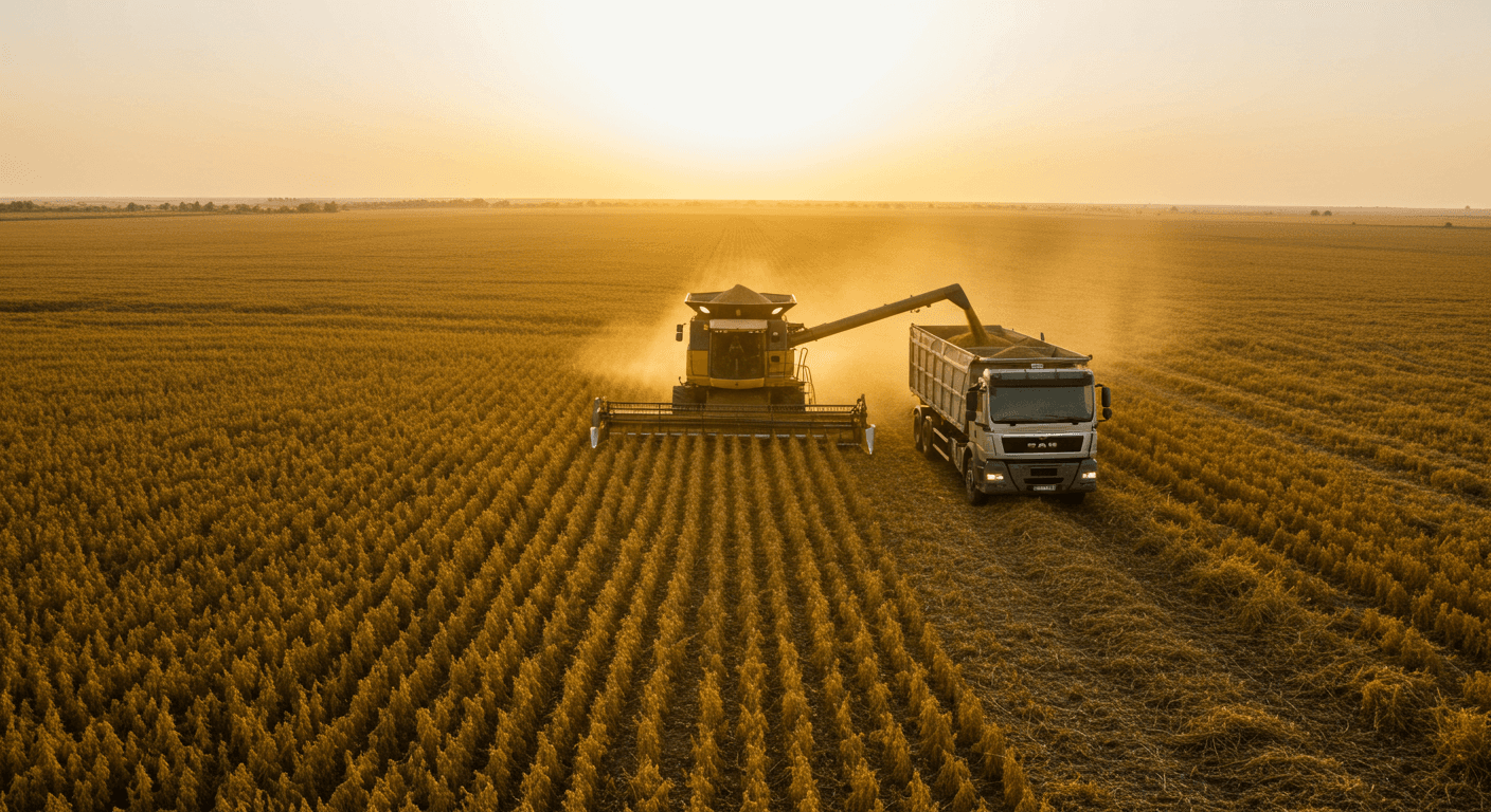 Una cosechadora descargando soja en un camión en un campo de soja en Argentina (imagen generada por IA)