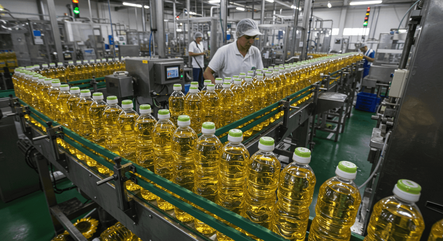 Envase de óleo de girassol em uma linha de produção no Brasil (imagem gerada por IA).