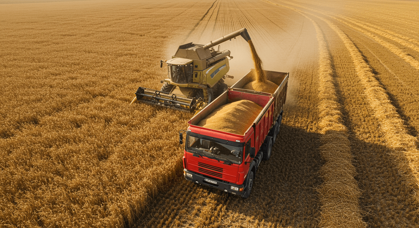 Une moissonneuse-batteuse décharge du blé dans un camion dans un champ de blé en Argentine (image générée par IA)