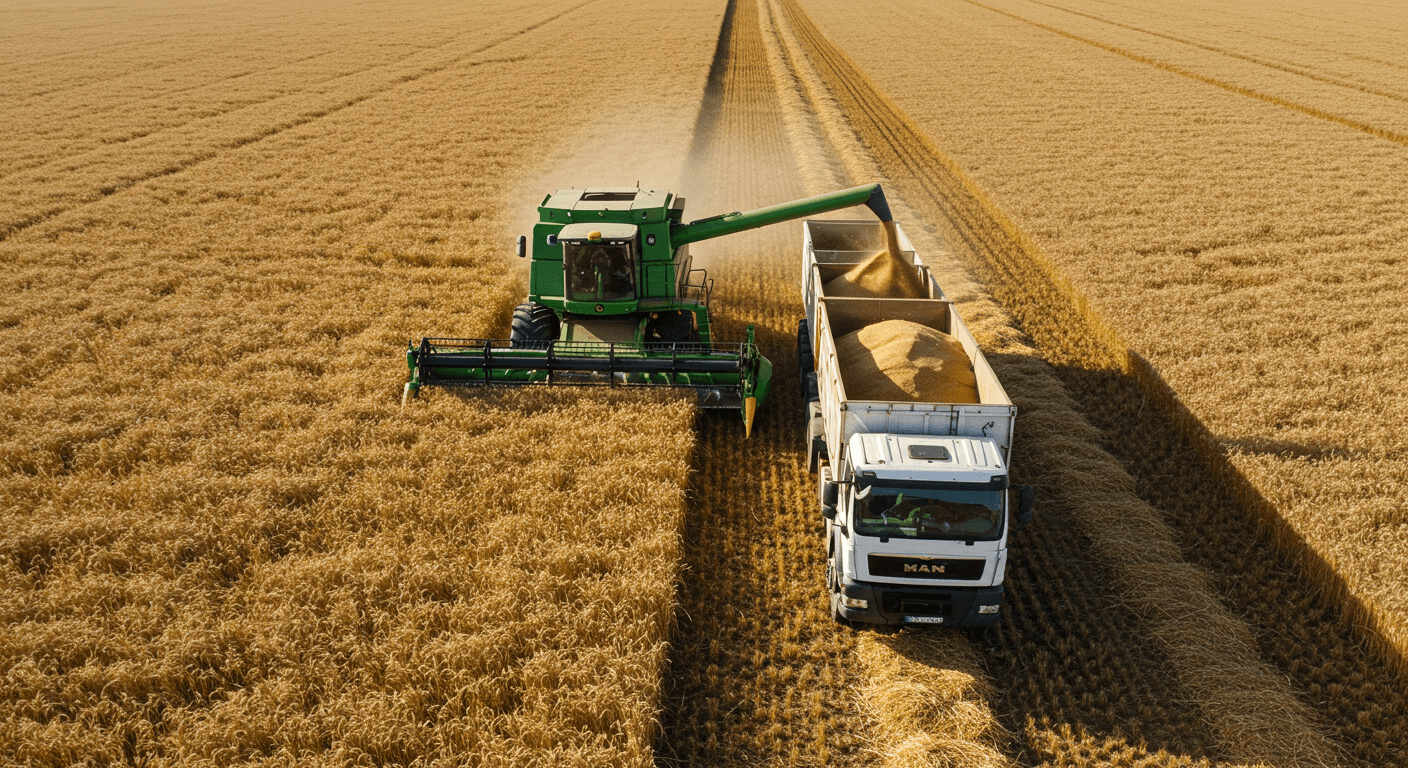 Una cosechadora descarga trigo en un camión en un campo de trigo en Argentina (imagen generada por IA)