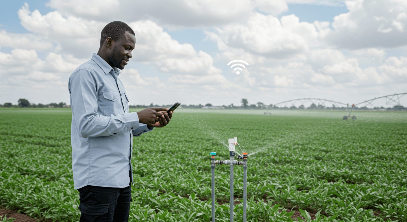 A Nigerian engineer monitors an AI-controlled irrigation system on his mobile phone (AI-generated image).
