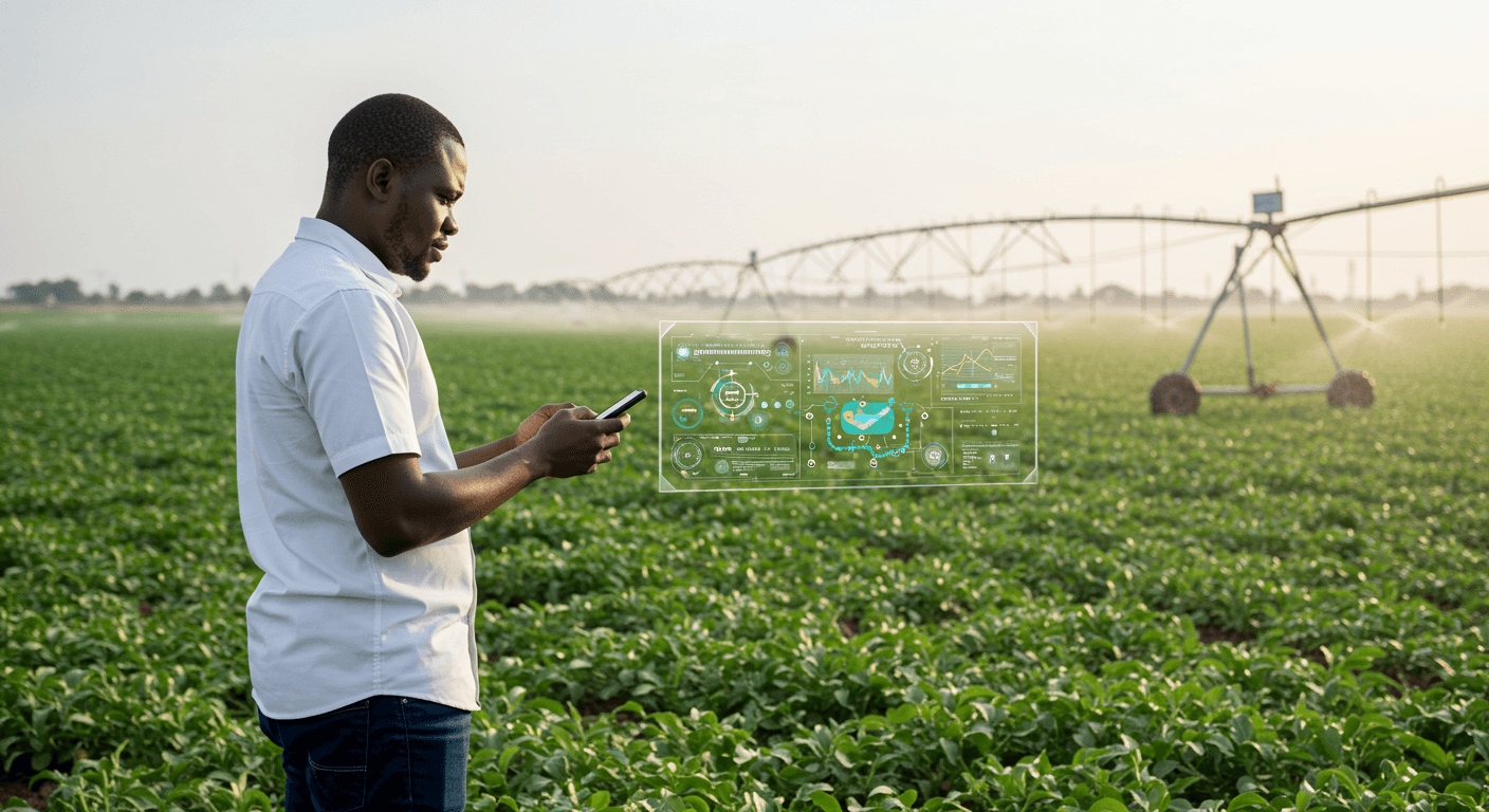Un ingeniero nigeriano supervisa un sistema de riego controlado por IA desde su teléfono móvil (imagen generada por IA).