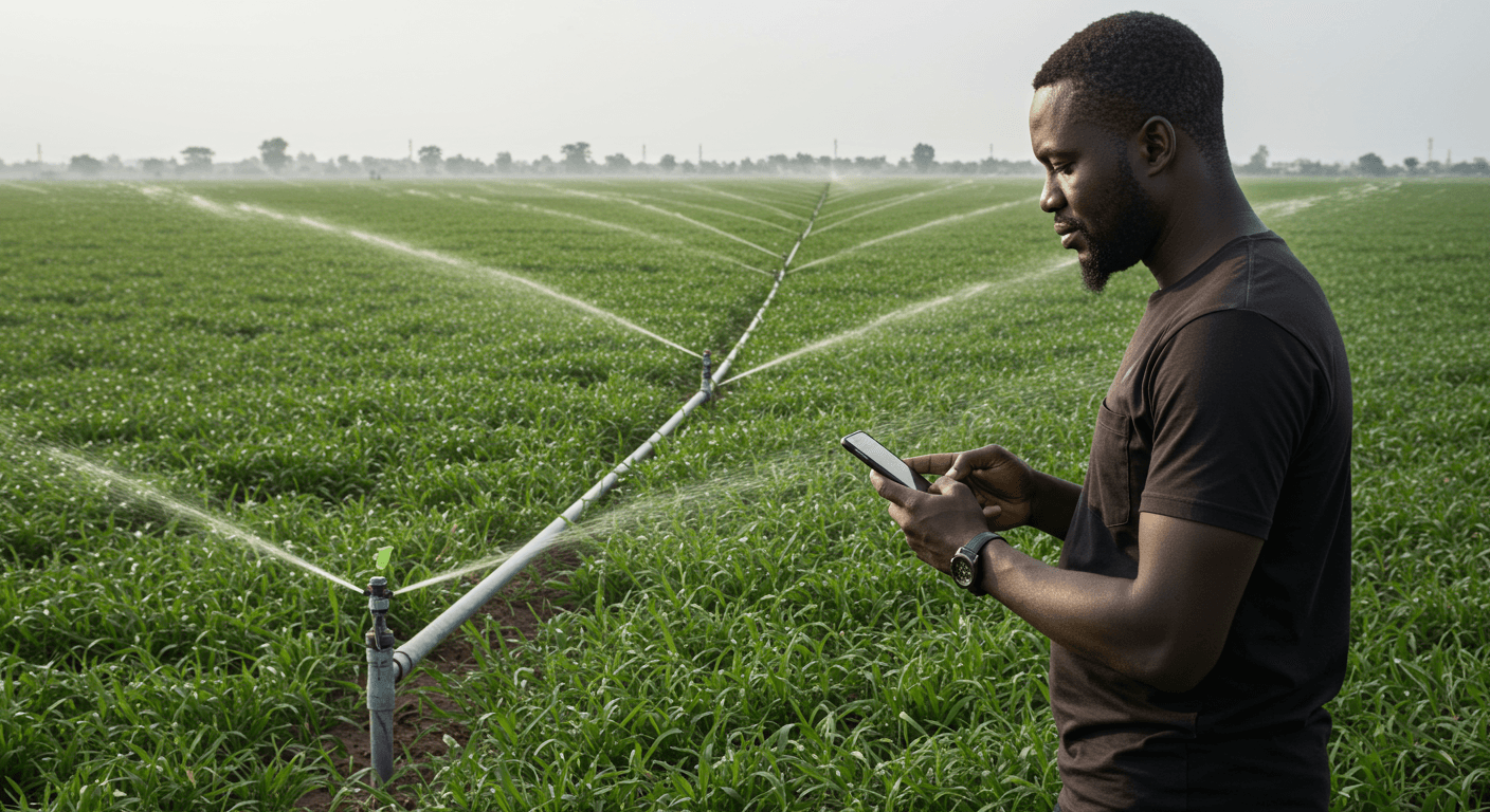 Un ingénieur nigérian surveille un système d'irrigation contrôlé par l'IA sur son téléphone portable (image générée par IA).
