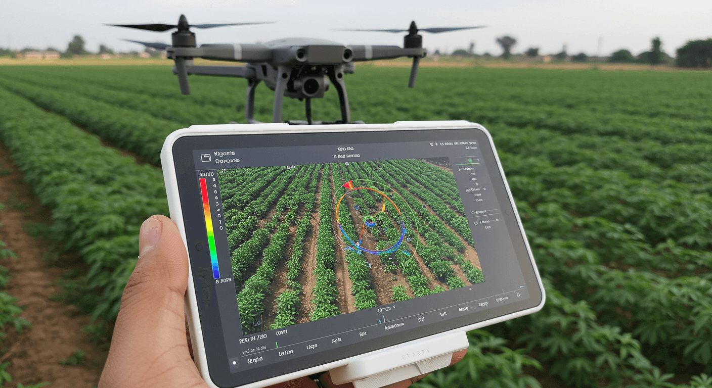 Um drone agrícola exibiu uma análise espectral das plantas de mandioca na Nigéria (imagem gerada por IA).